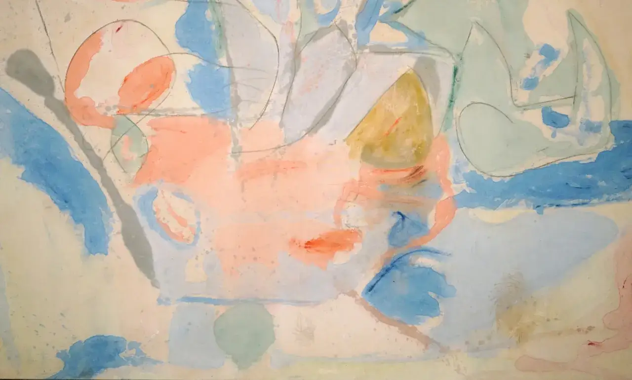 Acuarela abstracta con tonos pastel que evocan monta&ntilde;as y mar, con formas org&aacute;nicas y l&iacute;neas fluidas.