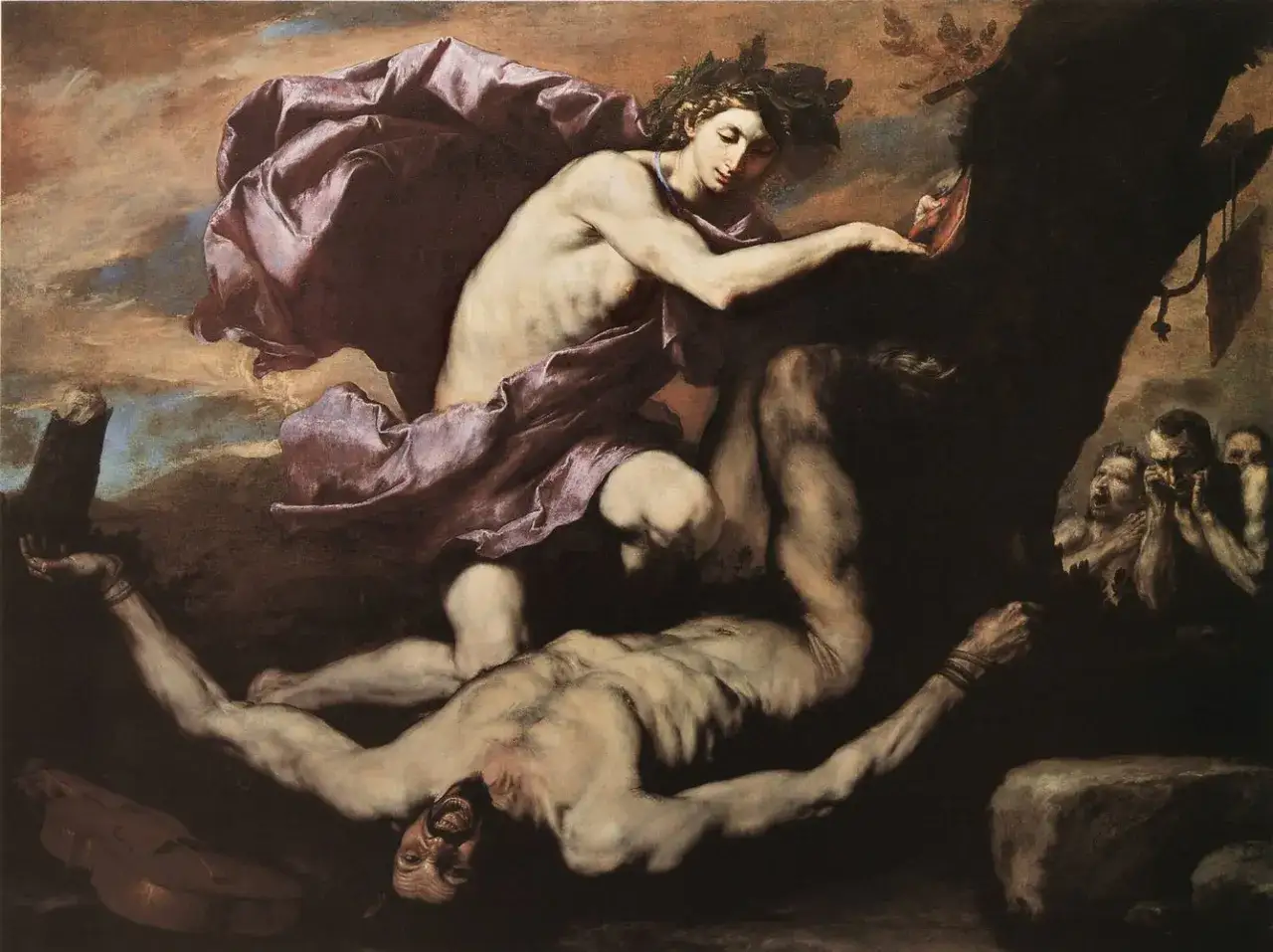 El Tiziano, obra de Jos&eacute; de Ribera, muestra a un joven dios con t&uacute;nica p&uacute;rpura dominando a un hombre torturado.