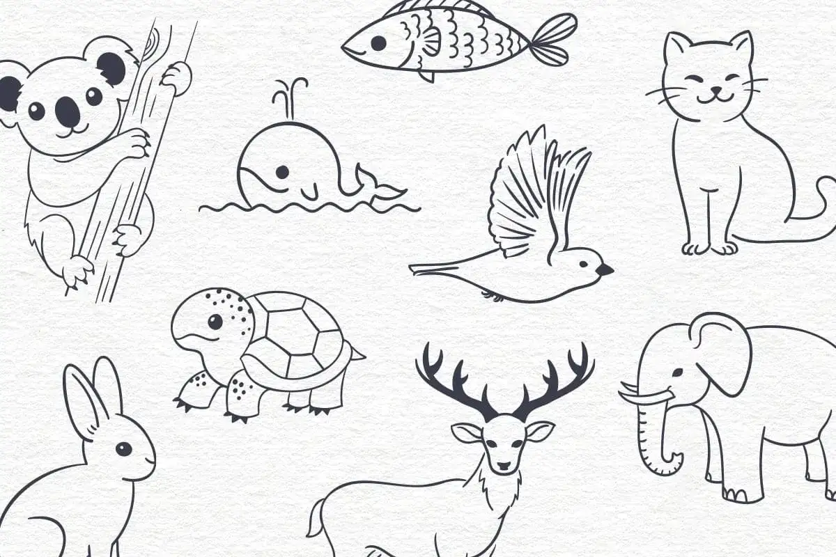 Colecci&oacute;n de dibujos de animales a l&aacute;piz f&aacute;ciles de hacer: koala, pez, ballena, p&aacute;jaro, gato, tortuga, conejo, ciervo y elefante.