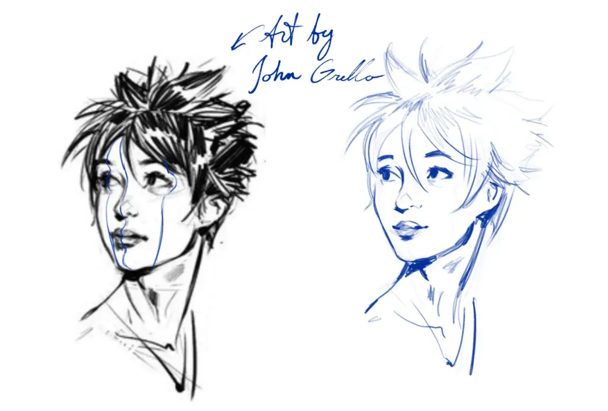 Dos bocetos de rostros de anime, uno detallado en negro y otro m&aacute;s suelto en azul, como parte de ejercicios de dibujo.