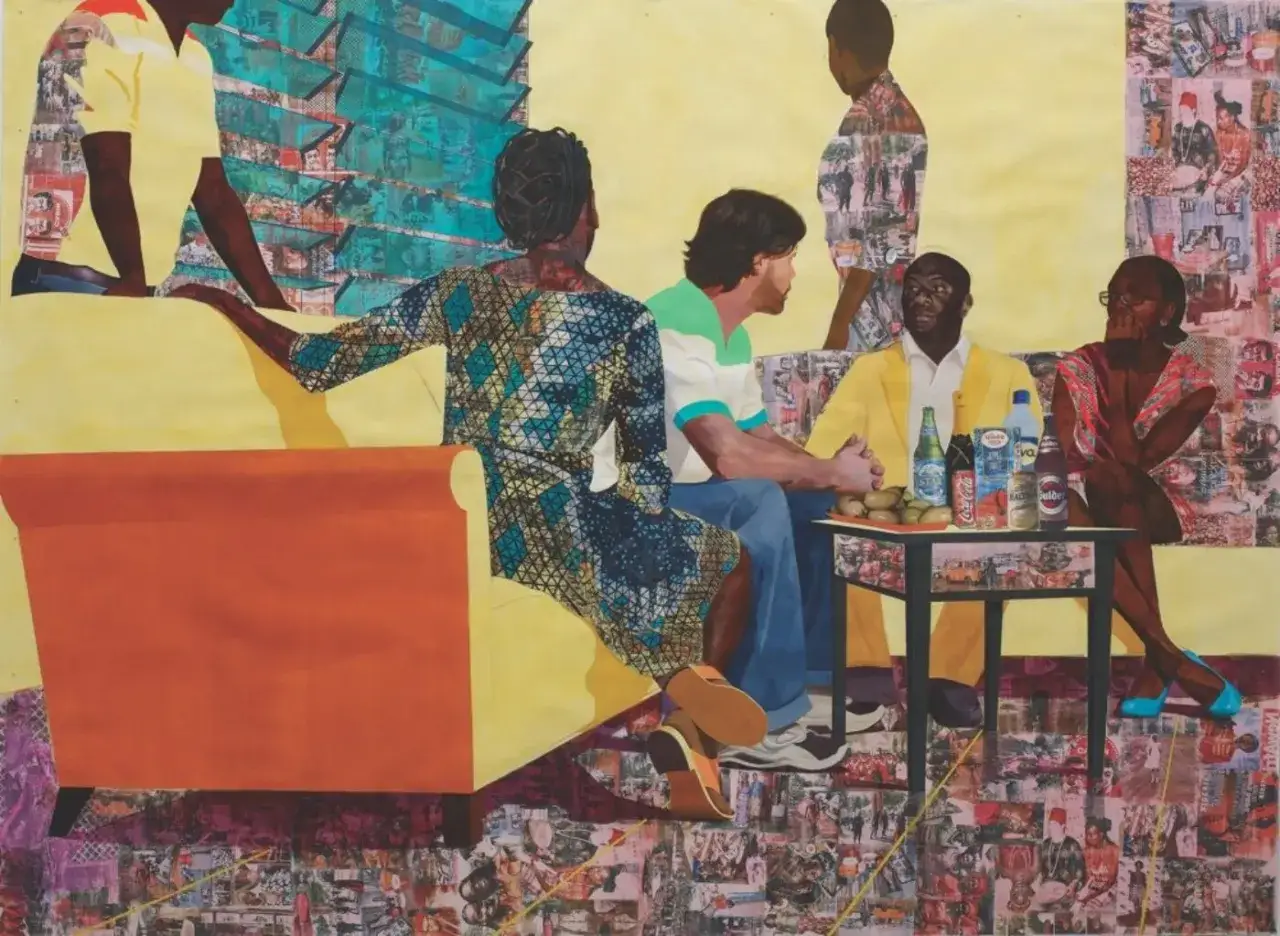 Njideka Akunyili Crosby pinta una reunión familiar con refrescos y frutas.