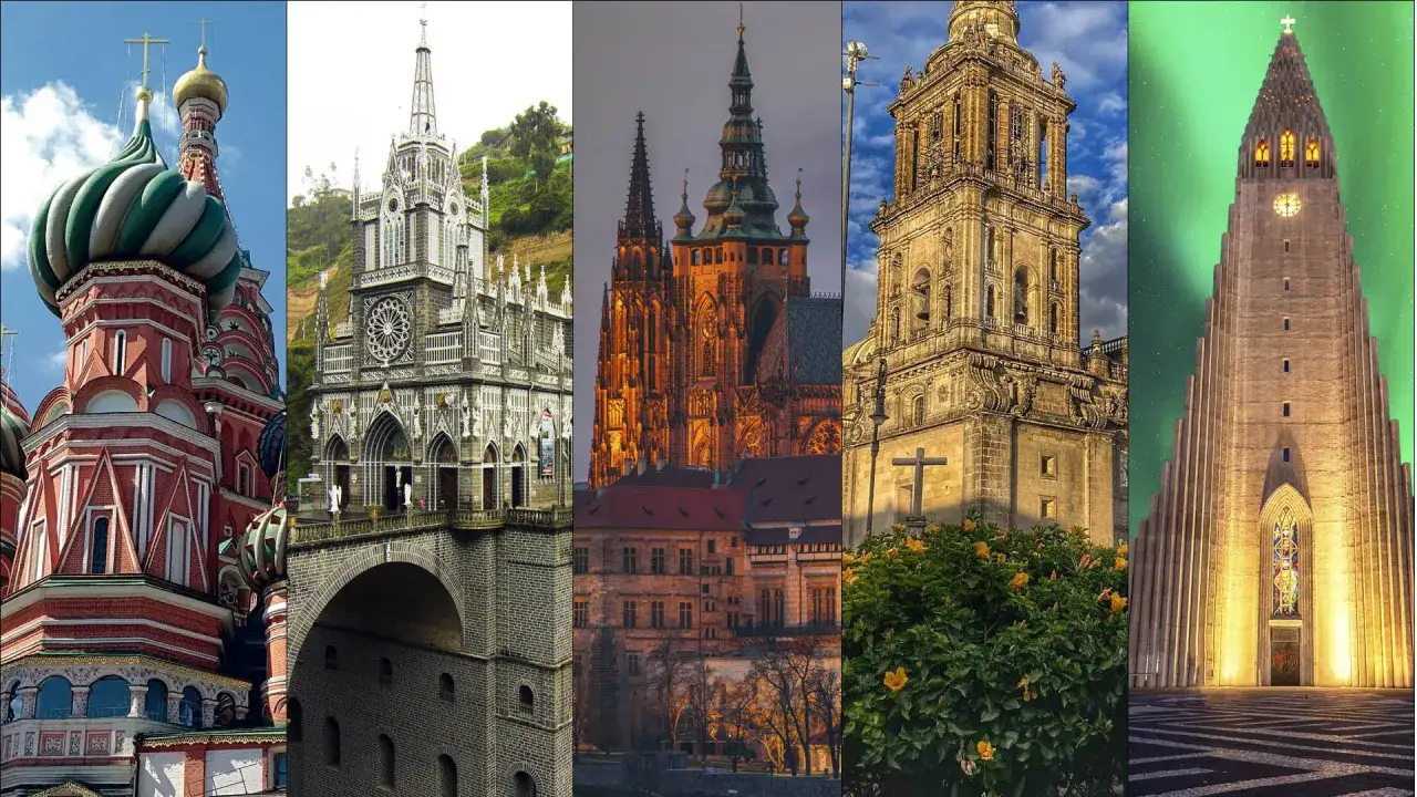 Un collage de catedrales del mundo: cúpulas rusas, arquitectura gótica y moderna bajo auroras boreales.