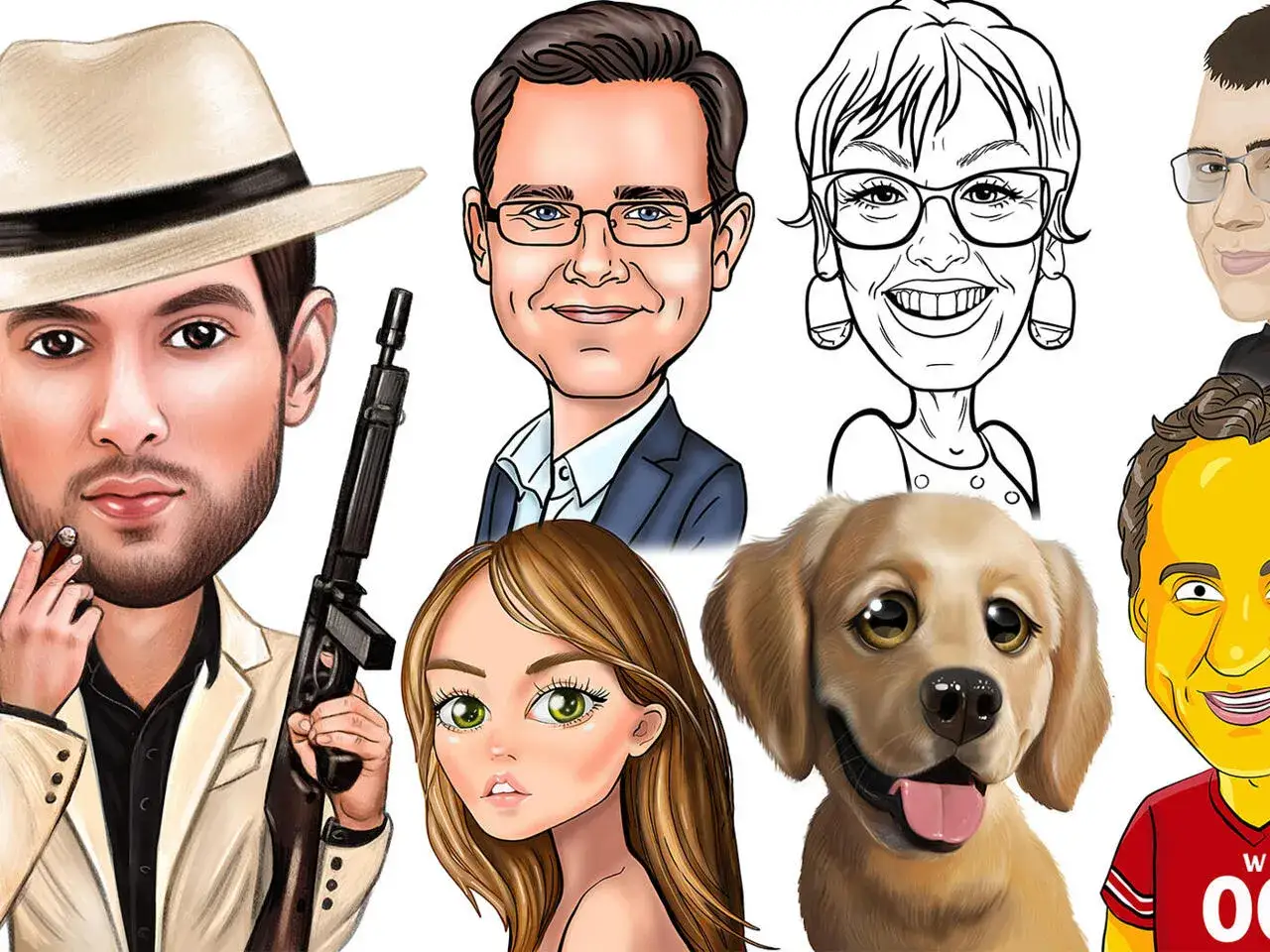 Diversos estilos de caricaturas: hombre con sombrero y arma, hombre de negocios, mujer sonriente, chica con ojos grandes, perro y hombre con camiseta roja.